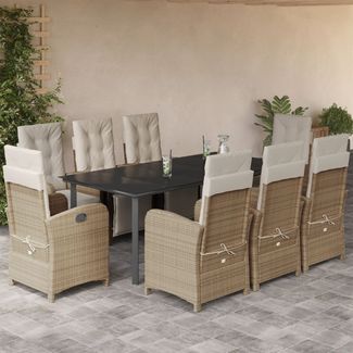 vidaXL 9-tlg. Garten-Essgruppe mit Kissen Beige Poly Rattan 3212583
