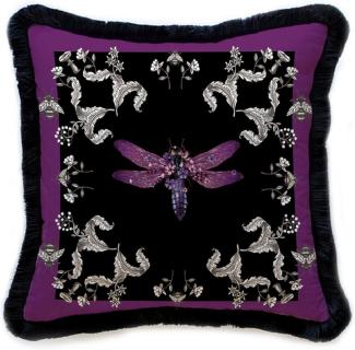 Casa Padrino Luxus Deko Kissen Libelle & Blumen Lila / Grau / Schwarz 45 x 45 cm - Bedrucktes Samt Kissen mit Fransen - Luxus Deko Accessoires