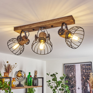 hofstein Deckenleuchte »Cotes« Deckenlampe, Holz/Metall, Braun/Schwarz Schirme, Gitter-Optik, ohne Leuchtmittel, Leuchte m. Holzbalken, Textilkabeln u. verstellbaren Strahlern, 3xE27