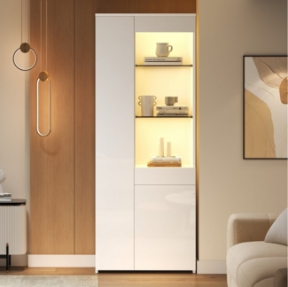 REDOM Vitrine mit Rückprallschaltern (Hochschrank, Highboard, 1-St, 70*35*180cm) Hochglanz Glasvitrine mit Schubladen, LED-Beleuchtung