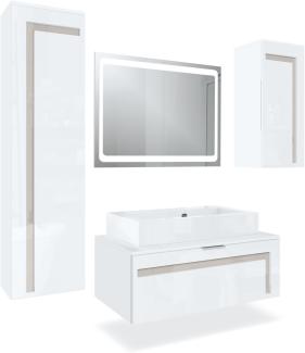 Badmöbel Komplettset Aloha V2, Korpus in Weiß matt / Fronten in Weiß Hochglanz mit Absetzungen in Sandgrau Hochglanz, mit Aufsatzwaschbecken und LED Spiegel