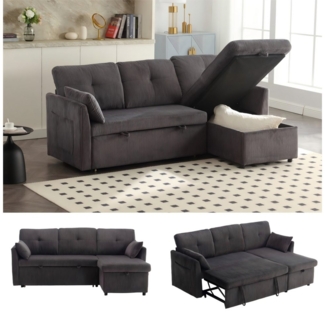 LVHOM Loungesofa Ecksofa,Ottomane,Schlaffunktion,Stauraum,2 Kissen,Seitentasche,Modular, links/rechts reversibler Chaiselongue = Umsetzbare Polsterliege, Sofa & Bett in Einem, Gästebett/Polsterbett/Daybett/Schlafsofa/Loungesofa, Max. 3 Personen