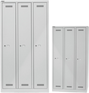 BISLEY Garderobenschrank MonoBloc abschließbar mit Belüftungsschlitzen, Hutboden, Handtuchhalter, Kleiderstange & 3 Haken - Spind mit Schloss - 3 Abteile, Farbe: lichtgrau, ML09T1-645