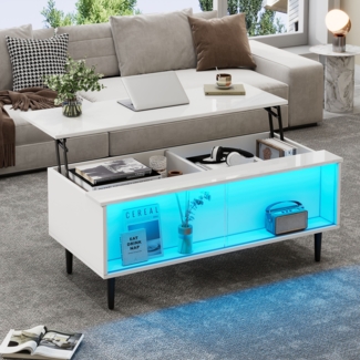 Couchtisch höhenverstellbar bis 58 cm, LED-Couchtisch mit App-Steuerung, Weiß Hochglanz, mit verstecktem Stauraum und 2 Schiebetüren