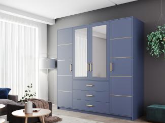 Kleiderschrank Bado II, mit Frontspiegel, Farbe: Blau / Blau + Gold