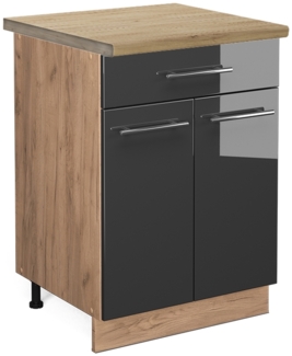 Vicco Küchenunterschrank Anthrazit Hochglanz 60 cm mit Schublade, AP Eiche, Fame-Line
