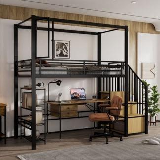 Merax Hochbett mit Fenster mit Magnet (1-St, Einzelbett Jugendbett Eisenbett) Metallbett Kinderbett 90x200cm mit Treppe Staufach und Garderobe