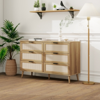 Kommode mit Rattan-Fronten,Sideboard mit ENGINEERED RATTAN Schubladen,Flurschrank mit Kiefernholzfüßen ca. 15 cm Bodenfreiheit