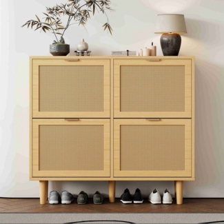 BlingBin Schuhschrank Schuhregal Schuhkommode aus Rattan (1-St, Belüftete Holztür, 100 x 90 x 25 cm) Durchbrochenes Design, Oak, Spanplatte, Extra große Kapazität