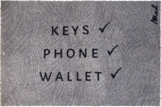 Mad about Mats Fußmatte Brick, Rechteckig, Türvorleger, Schmutzfangmatte, Outdoor und Indoor, Grau, mit Spruch "Keys Phone Wallet", nie wieder den Hausschlüssel vergessen, waschbar, rutschfest, 50x75 cm
