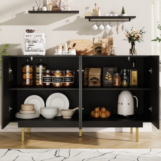 Küchenschrank 140 x 38,5 x 82,5 cm Schwarz, grifflose Front, 4 Türen mit verstellbaren Fächern, stabile Beine, Anti-Kipp-System