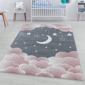 SIMPEX24 Teppich Mond und Sterne Design, Rechteckig, Höhe: 11 mm, Teppich Kinderzimmer Mond und Sterne Design Pflegeleicht