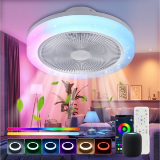 WILGOON Deckenleuchte Deckenventilator mit Beleuchtung, Music RGB Dimmbar mit Fernbedienung, Luftzirkulationsfunktion, LED fest integriert, Warmweiß, Neutralweiß, Kaltweiß, RGB Farbwechsel, Schlafzimmer Leise Ventilator mit Bluetooth für Wohnzimmer Küc...