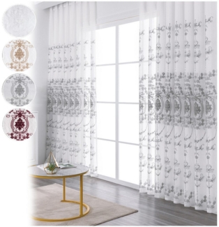 Jibenhome Gardine 2 St. Ösen Vorhang Vogelnest-Stickerei, Voile Gardine Halbtransparent, Weiße Vorhänge