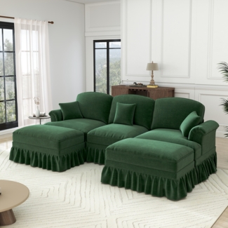 Cloud-Ecksofa modular, L-Form, Schlafsofa, 2*Hocker flexibel, abnehmbarer Rüschenfaltenrock, Chenille,Grün