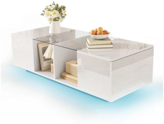 BlingBin Couchtisch Moderner Couchtisch mit LED-Beleuchtung, Ablagetisch mit Stauraum (1er Set, 1-St, 120 x 50 x 38,5 cm, Produktladung: 60KG), Hochglänzender Tischplatte, MDF & Spanplatte & Glas, Weiß