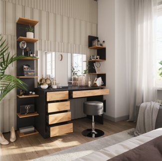 Vicco Schminktisch Sherry, Anthrazit/Goldkraft Eiche, 120 x 75 cm mit Spiegel und Hocker
