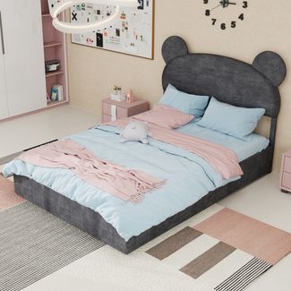 Flieks Kinderbett 140x200cm, Polsterbett mit Cartoon-Kopfteil, Doppelbett mit hydraulischem Stauraum, Samt, Grau