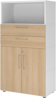 bümö flexi Aktenschrank abschließbar mit Flügeltüren & 2 Schubladen in Weiß/Eiche, Büroschrank mit werkzeuglosem Schnellmontage-Klicksysten in modularer Bauweise, FW48K2KG-W-E-BS