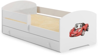 Dmora Kinderbett Crising, Kinderbett für Schlafzimmer, Einzelbett mit Kommoden, Struktur mit ausziehbarem Bett, 77x144 h56 cm, Weiß mit Auto