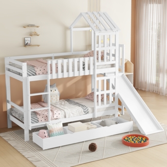 Merax Etagenbett , Kinderbett mit Rutsche, Dach & Fenster, Schublade mit Rollen, Kiefer MDF Weiß, 90x200cm