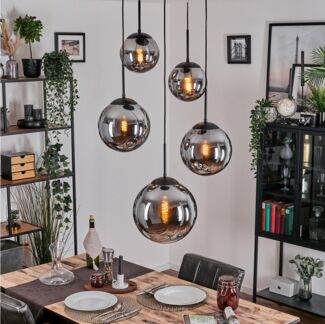 hofstein Hängeleuchte Hängelampe aus Metall/Glas in Schwarz/Rauchfarben, ohne Leuchtmittel, Retro/Vintage-Design mit Glasschirmen (20, 25, 30 cm), 5 x E27