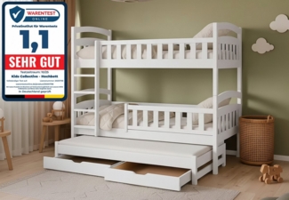 Kids Collective Etagenbett Hochbett Stockbett Kinderbett 90x200 cm mit Ausziehbett und Schubladen (Modell 2025, mit drei Matratzen inklusive), Umbaubar zu 3 Einzelbetten mit Lattenrosten & Rausfallschutz, weiß