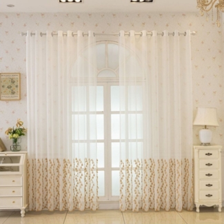 BYSURE Gardine (2 St), Ösen, transparent, Vorhänge mit Gold Blätter Muster