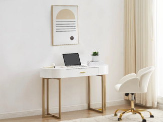 Vente-unique - Konsolenschreibtisch mit 1 Schublade - MDF lackiert & Metall - Weiß & Goldfarben - TORELI II von Pascal Morabito