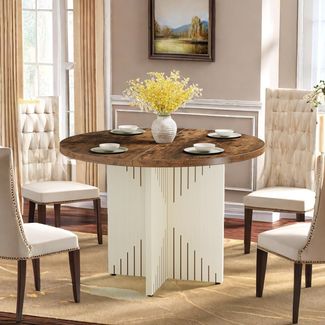 LITTLE TREE Runder Esstisch, moderner Küchentisch 100cm, Esszimmertisch mit rundem Holzsockel, große MDF-Arbeitsfläche für 4-6 Personen, Braun und Beige