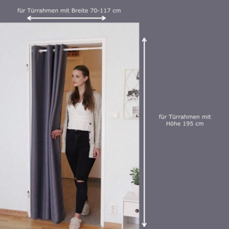 tinycurtains Türvorhang mit Stange silber 70-120 cm Thermo Vorhang ohne Bohren, mit Magneten, Ösen, abdunkelnd, Polyester, grau Nebula, Türgardine mit Klemmstange Raumtrenner verdunkelnd