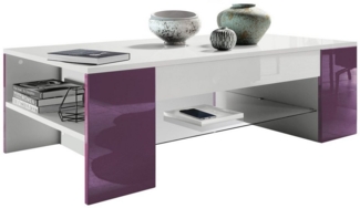 Vladon Couchtisch Clip, Wohnzimmertisch mit 2 Seitenfächern und 1 Glasplatte, Weiß matt/ Brombeer Hochglanz (118 x 37 x 60 cm)