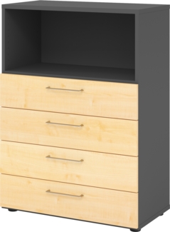 bümö smart Schubladenschrank, Büroschrank 80cm breit in Graphit/Ahorn mit 4 Schüben & 1 Regalfach - Bürocontainer aus Holz, Container mit Metallgriffen & Soft-Stop Schubladen, 938S4-G-3-BS