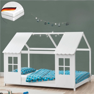 DELUKE® Kinderbett 140x200 GELO - mit Matratze Lattenrost Rausfallschutz Haus-OptikEinzelbett aus Holz Hausbett Kinderzimmer Montessori Bett Weiß