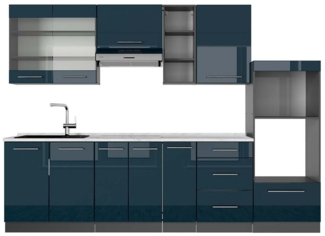 Küchenzeile Fame-Line Dunkelblau Hochglanz/Anthrazit 280 cm , AP Marmor Vicco