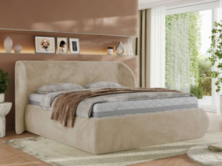 Polsterbett mit Lattenrost, Doppelbett Bettkasten, Bettgestell mit Gasdruckfeder Multipocket Matratze Härtegrad H3/H4 - CAELA CLASSIC - 200x200 cm - Creme Plüsch - ELORI LUX