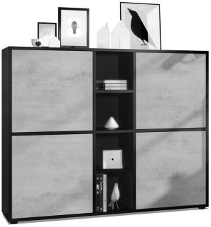 Vladon Highboard Cuba V3, Schwarz matt/Beton Oxid Optik - Moderne Anrichte mit 12 Fächern (130,5 x 105,5 x 35,5 cm)