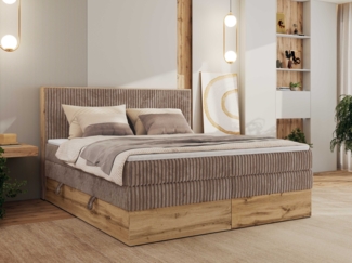 Boxspringbett, Set mit zwei Multipocket-Matratze und Topper, hohe Kopfteil, Eiche Wotan Holzrahmen - WOOD CLASSIC KING - 180x200 cm - Braun Cord - H3