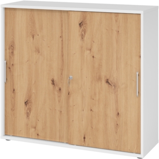 bümö Schiebetürenschrank 3OH - Aktenschrank abschließbar, Sideboard Schrank mit Schiebetüren in Weiß/Asteiche, Relinggriff - Büroschrank aus Holz mit Schiebetür, Büro Kommode für Ordner & Co, 1753S-W-R-RE