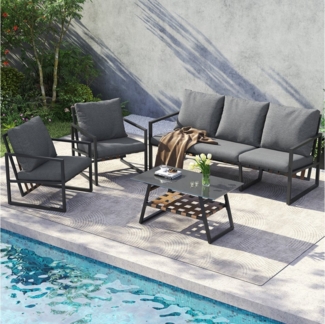 MODFU Gartenlounge-Set mit atmungsaktive Kissen, (Outdoor-Sofa-Set, Balkonset, Gartensofa, 4-tlg, 3-Sitzer-Sofa, 2 Sessel und Couchtisch), verzinktes Stahlrohr, Glastischplatte, für Außenbereiche