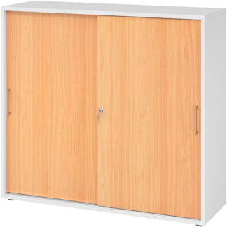 bümö Schiebetürenschrank 3OH - Aktenschrank abschließbar, Sideboard Schrank mit Schiebetüren in Weiß/Buche, Bügelgriff - Büroschrank aus Holz mit Schiebetür, Büro Kommode für Ordner & Co, 1753S-W-6-BS