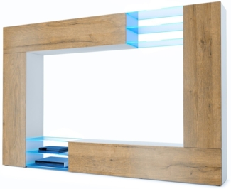 Vladon Wohnwand Mirage, Anbauwand mit Rückwand mit 2 Türen, 2 Klappen und 6 offenen Glasablagen, Weiß matt/Eiche Natur, inkl. LED-Beleuchtung (262 x 183 x 39 cm)