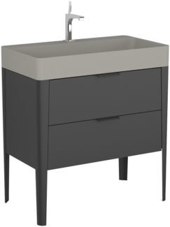 BADEDU SORA Waschbecken mit Unterschrank 80 cm breit, Schwarz matt, Waschbecken Quartzkomposit Grau, aus Aluminium, mit Füßen