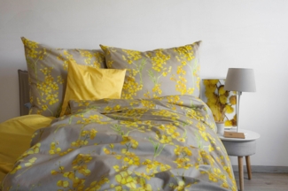 Fleuresse Mako-Satin Bettwäsche 240x220 Mimose Blüten hellblau gelb 114411-2