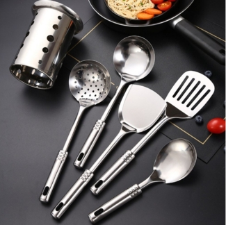 STILVORA Kochbesteck-Set 6er Küchenutensilien-set Edelstahl Küchenhelfer-set,Kochbesteck-set (Kochbesteck Küchen Utensil Set mit Utensilienhalter, 6-tlg, Skimmer, Suppenschöpfer, Solider Wokpfannenwender, Schlitz Pfannenwender), Spülmaschinengeeignet f...