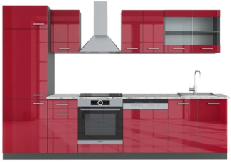Küchenzeile R-Line Rot Hochglanz/Anthrazit 300 cm , AP Marmor Vicco