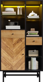 LVHOM LED Vitrine mit Glasböden, Highboard mit Schubladen, Sideboard Scandi, Hochschrank Bücherschrank Vitrinenschrank, 80x150,5x40 cm, Schwarz