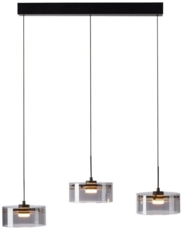 MONDO LED Pendelleuchte KARENA, 3-flammig, Rauchfarben, Schwarz, Metall, Höhenverstellbar, LED fest integriert, Extra-Warmweiß, Rauchglas, B 74 x H 180 x T 18 cm