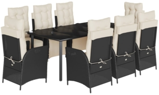 vidaXL 9-tlg. Garten-Essgruppe mit Kissen Schwarz Poly Rattan 3213391