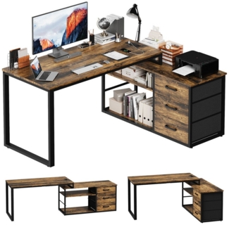 HOMALL Schreibtisch L-förmiger Eckschreibtisch mit USB-Anschluss und zwei Steckdosen. (Abmessungen: 140 x 105 x 75 cm, L-förmiger Schreibtisch Gamingtisch, umwandelbar in einen I-förmigen Schreibtisch, mit 3 Schubladen und 2 Fächern)